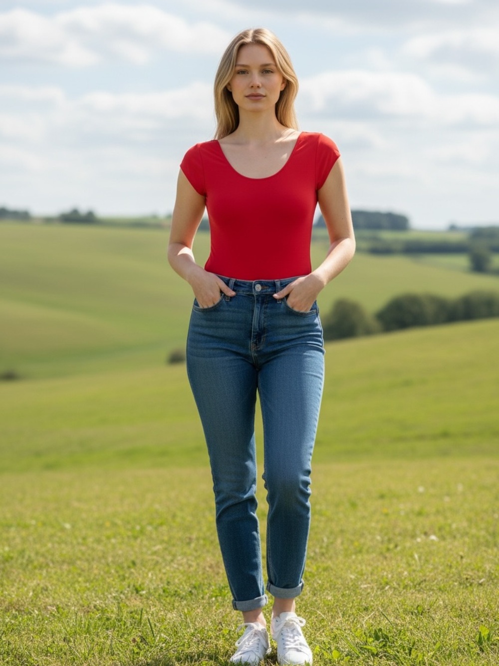 JoyLab Red‎ Scoop-Neck Bodysuit with Cropped Blue Jeans